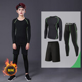 昇亿 儿童紧身衣训练服运动套装健身速干衣弹力保暖足球训练篮球服 加绒仅长裤和长袖加绒绿线三件套 150 （30码 适合70-80斤）