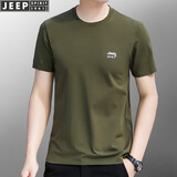 JEEP短袖t恤男圆领大码男装夏季薄款纯色刺绣棉质男士短袖体恤打底衫 下摆不开衩军绿色 XL/建议145斤左右