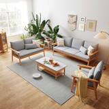 林氏家居实木沙发客厅新中式小户型胡桃色原木风可选直排简约冬夏沙发PK4K 【原木色|灰】单+双+三人+PK2L茶几