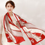 达芬奇密码100%桑蚕丝真丝丝巾女士杭州丝绸围巾披肩秋冬纱巾妈妈节日礼物 花漾郁金 红