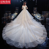 红妆饰佳 一字肩婚纱礼服2025新款小个子新娘气质主婚纱大拖尾齐地出门纱 浅香槟拖尾 S