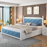 硕驰 床实木床1.5米1.8米现代简约卧室家具双人床单人床北欧式实木婚床软包床 白色床+蓝色软包带抽屉送棕垫 1.2米*2米