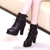 Moermashi高跟短靴女粗跟秋冬季新款马丁靴女 系带防水台高跟鞋加绒女靴子 黑色(加绒) 37