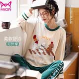 猫人睡衣女棉质长袖女士睡衣可外穿韩版圆领套头宽松简约风舒适家居服女两件套 米白 L