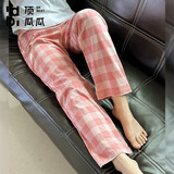 顶瓜瓜睡裤女长裤纯棉春秋100%棉柔软微弹居家休闲花裤中老年家居裤 D1-99  格子豆沙 2XL