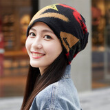 里普翎 帽子女秋冬季时尚棉堆堆睡帽保暖针织毛线帽女套头帽春秋月子帽 黑色 均码(55CM-59CM)