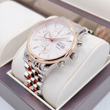 卡罗莱男士手表全自动机械表运动男表防水多功能时尚真皮精钢带夜光腕表 金色白色钢带 CA1112