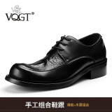 VQGT 春季头层牛皮商务正装大头皮鞋圆头英伦手工男鞋厚底耐磨增高 黑鳄鱼纹手工鞋跟  偏大一码 39