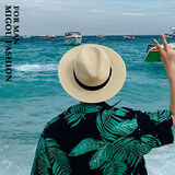 慕衣宾士草帽男女夏天旅游度假帽子男潮宽沿沙滩帽防晒男士太阳帽遮阳礼帽 米色