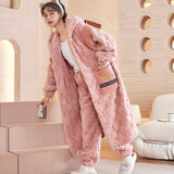 雅鹿睡衣女秋冬季珊瑚绒睡袍长款加绒加厚浴袍新款法兰绒家居服套装 NSMXJ-216【睡袍+睡裤】 M 女(80-100斤)