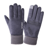 罗维利特麂皮绒手套男冬季加绒保暖薄款触屏半指露二指户外骑行跑步开车棉 麂皮绒全指-灰色 均码