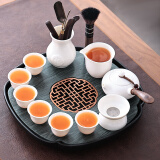 陶尚吟 陶瓷天然石材茶台储排水两用式现代简约家用办公小茶盘功夫茶具 莲花木纹石书窗红玉瓷侧把壶套装