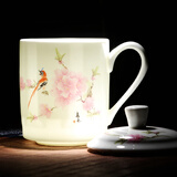 潇毅艾 景德镇陶瓷茶杯带盖家用杯喝茶杯青花瓷器办公杯子 水点桃花
