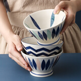 半物生活 日式饭碗 家用陶瓷碗汤碗小面碗斗笠碗防烫高脚碗 创意早餐麦片碗甜品碗喇叭碗釉下彩手绘碗餐具 5寸高脚碗-尖叶蓝款