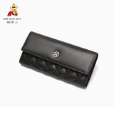 稻草人钱包女长款真皮女士手拿包新款菱格搭扣3折女钱夹14卡位头层牛皮 黑色长款