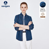 Navigare意大利小帆船女士牛仔衬衫秋季纯棉衫衣外套通勤百搭时尚长袖衬衣 牛仔蓝 XL