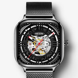 尼尚（Nesun） 男士机械表 全自动镂空男表 防水时尚男潮方形大表盘男士腕表 全黑钢带-9500 【店长推荐】