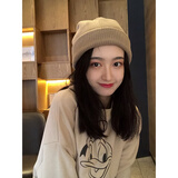 目丸网红时尚暗黑系堆堆帽子女毛线帽潮韩棉帽百搭冷帽月子针织帽秋冬 奶茶色 双面针织 55-60cm(有弹力)