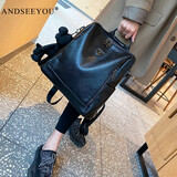 ANDSEEYOU日韩学院风简约双肩包潮女休闲软皮旅游背包高级感纯色两用单肩包 黑色