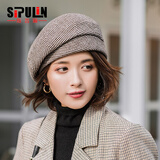 斯普琳 贝雷帽女秋冬季韩版潮网红复古百搭时装帽千鸟格文艺显脸小画家帽英伦八角帽子女 咖色