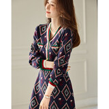 德玛纳优雅小香风冬季新款V领收腰修身X型复古连衣裙女中长款 藏青 M 