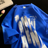 摘星少年衣服男印花短袖T恤男夏季复古潮流百搭半袖ins港风韩版潮牌宽松圆领衣服男 蓝色 涂 XL 115-140斤 优先发货