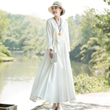 乱在江南纯色休闲棉麻连衣裙长袖春秋新款原创设计气质优雅系带大摆裙 白色 M