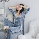 MOXTOC睡衣女冬金丝绒女士加厚三件套家居服吊带长袖长裤套装 灰色 M(80-100斤）