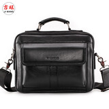 吉旺纯头层牛皮单肩包斜挎包真皮休闲商务公文包手提包大容量男士包包 黑色