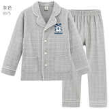 巴布豆儿童睡衣男童家居服套装秋冬新款纯棉男孩宝宝小孩中大童装 格子款 灰色 6575 120参考身高115-125cm