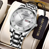 卡慕迪新款商务多功能全自动手表男士钻石防水夜光日历运动商务石英手表 039银钢白面