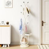 树浩客厅家用立式置物衣帽架卧室落地进门挂衣架室内简约奶油风衣服架 双托盘储物-奶油白【白色理石】