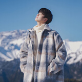 OEMG 格子毛呢大衣男秋冬季日系学院风短款风衣休闲百搭潮流潮牌外套 灰色 XL [建议125-140斤]