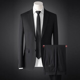 vocacool西服套装男修身三件套青年正装上班面试职业装学生结婚礼服大码 两粒扣黑色西服+西裤+领带 M/90-105斤