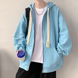 凡迪时尚开衫连帽卫衣男秋冬季加绒外套男夹克男宽松大码上衣青少年学院风 蓝色(春秋款） L(100-120斤左右）