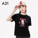 A21新款春秋季休闲百搭短袖女装针织合体圆领短袖印花T恤衫上衣 黑色 S
