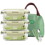 创得耐热玻璃保鲜盒 3件套男女微波炉加热用饭盒上班族密封成人便当碗 【北欧绿】长700*3+包+餐具