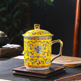 LICHEN景德镇珐琅彩陶瓷家用茶杯带盖描金骨瓷水杯办公会议杯 描金黄缠枝莲一个