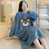 欧鹿汐大码珊瑚绒睡裙女秋加绒加厚睡衣女士冬天法兰绒保暖加肥码连衣裙 YQM1229蓝色熊 M 码 (建议100-130斤)