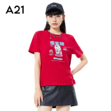 A21新款春秋季休闲百搭短袖女装针织合体圆领短袖印花T恤衫上衣 大红 M