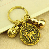 众福缘黄铜葫芦钥匙扣挂件黄铜钱袋汽车钥匙扣一叶生财挂饰貔貅生肖挂件 钱袋+实心小葫芦+福币生肖【虎】