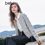 百图betu女装秋季新款毛针织衫小香风开衫软糯针织衫女2408T22 灰色 S