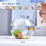 团圆月办公室小鱼缸加厚透明玻璃乌龟缸客厅家用桌面圆形迷你小型金鱼缸 20CM圆球+彩石6件套