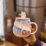 精东家 可爱独角兽陶瓷早餐杯子女生带盖勺咖啡马克杯高颜值家用喝水杯 蓝色独角兽-400ml