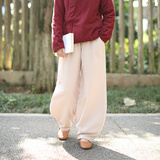 乱在江南民族风棉麻保暖夹薄棉裤女冬季新款松紧腰复古休闲纯色宽松萝卜裤 麻色 均码