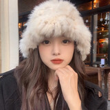 笙格儿白色毛绒真兔毛帽子女秋冬季保暖显脸小护耳毛线帽皮草针织渔夫帽 米色 均码