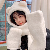 目丸 小熊耳朵帽子围巾一体女秋冬季连帽围巾百搭韩版可爱少女保暖学 升级款-帽子围巾手套三件套-奶白色