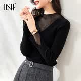 欧莎（OSA）知性半高领针织衫女2025秋装新款洋气内搭蕾丝打底上衣外穿气质 黑色B XL