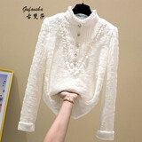 古梵莎加绒蕾丝衫女秋冬新款长袖立领内搭加厚衬衣女士半高领蕾丝打底衫 白色 XL
