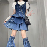 LSCZ多巴胺穿搭甜美学院风vintage牛仔背带连衣裙子女夏季收腰绑带辣 白色衬衫+牛仔上衣+套装裙 S